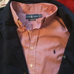 Maroon and white striped polo button down shirt